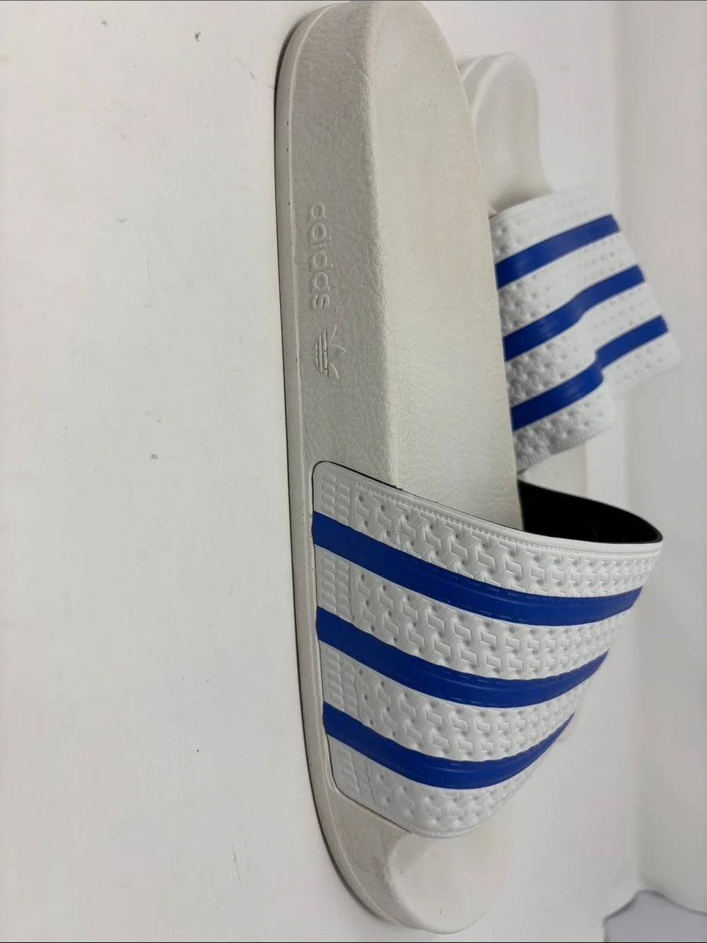 adidas White Slide Sandals with Blue Stripes-Made in Italy